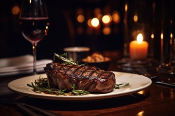 Generative ai of large, delicious steaks are served on a table in a restaurant, enjoyed by candlelight.