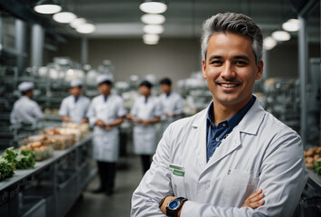 successful food factory man manager in sterile uniform with arms crossed smiling at the camera. hair net