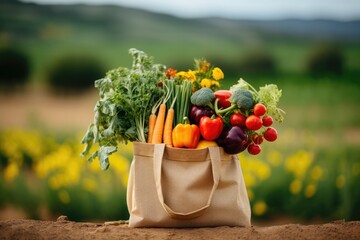 Reusable bag filled with vegetables and fruits
