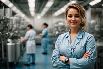 successful food factory women manager in sterile uniform with arms crossed smiling at the camera. hair net - obrazy, fototapety, plakaty
