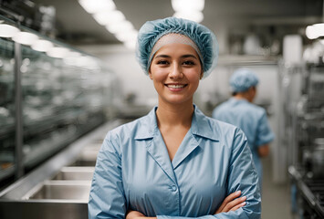 successful food factory women manager in sterile uniform with arms crossed smiling at the camera. hair net