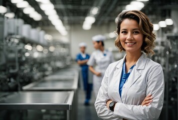 successful food factory women manager in sterile uniform with arms crossed smiling at the camera. hair net