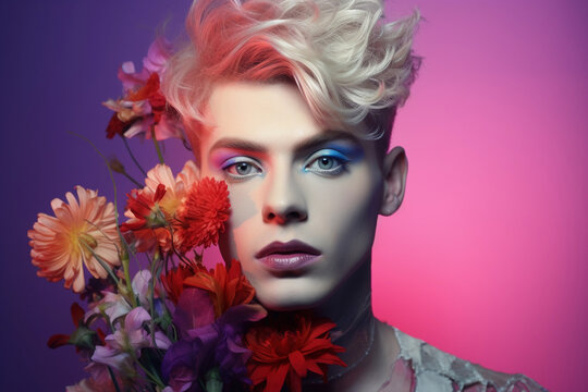 Homosexual man with flowers around his body. LGBTI rights and diversity concept