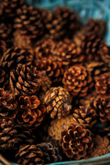beautiful blue basket with pine cones on wooden table, very decorative and used in autumn, winter and Christmas