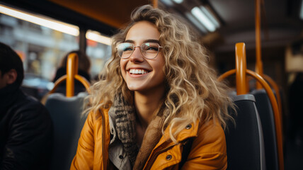 beautiful girl with long curly hair in a train station