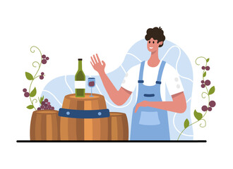 Happy young man standing near barrel with glass wineglass and alcohol drink. Young people dealing with winemaking process. Vector flat illustration in cartoon style in blue and brown colors