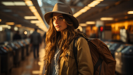 young woman walking in the train station at night, travel and lifestyle concept.