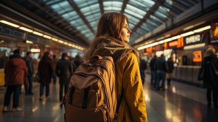 young woman walking in the train station at night, travel and lifestyle concept.