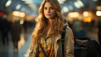 young woman walking in the train station at night, travel and lifestyle concept.