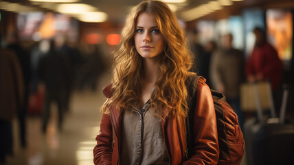 young woman walking in the train station at night, travel and lifestyle concept.