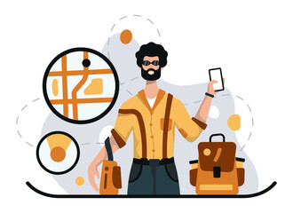 Male with backpack using GPS navigator. Tourist searching for right route, using modern gadget. Flat vector illustration in yellow colors in cartoon style