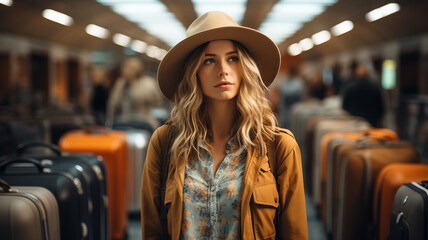 young woman walking in the train station at night, travel and lifestyle concept.