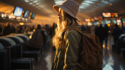 young woman walking in the train station at night, travel and lifestyle concept.