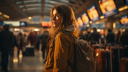 young woman walking in the train station at night, travel and lifestyle concept.