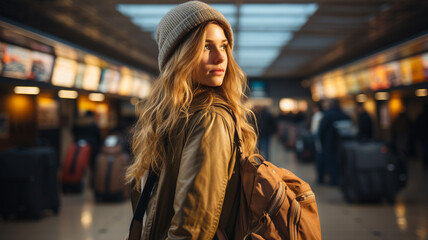 young woman walking in the train station at night, travel and lifestyle concept.
