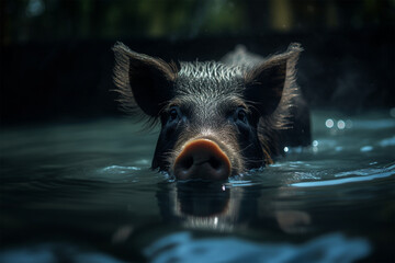 a black pig is swimming