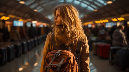 young woman walking in the train station at night, travel and lifestyle concept.