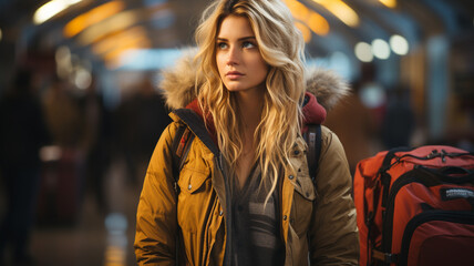 young woman walking in the train station at night, travel and lifestyle concept.