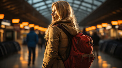 young woman walking in the train station at night, travel and lifestyle concept.