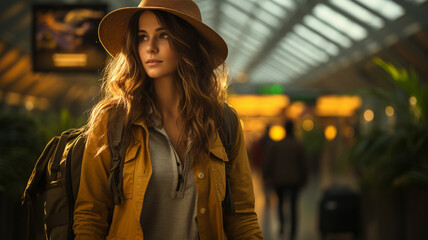 young woman walking in the train station at night, travel and lifestyle concept.