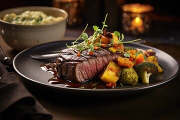 Generative ai of mouthwatering medium rare beef tenderloin steak with vegetables is placed on a plate on the dining table, ready to eat.
