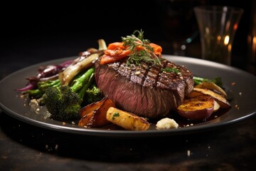 Generative ai of mouthwatering medium rare beef tenderloin steak with vegetables is placed on a plate on the dining table, ready to eat.
