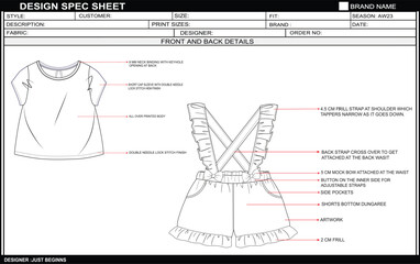 BABY GIRLS DUNGAREE SKETCH FASHION TEMPLATE TECHNICAL DRAWING ILLUSTRATION.