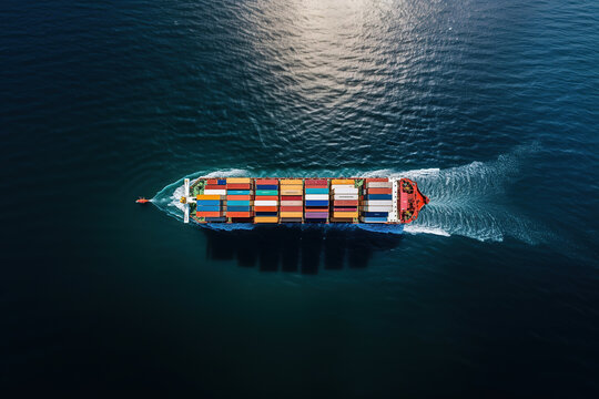 Container ship loaded carrying shipping containers in the sea