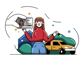 Smiling young woman standing outside, getting car keys and driver license. Practice at driving school. Learning and getting driving license. Flat vector illustration in blue colors