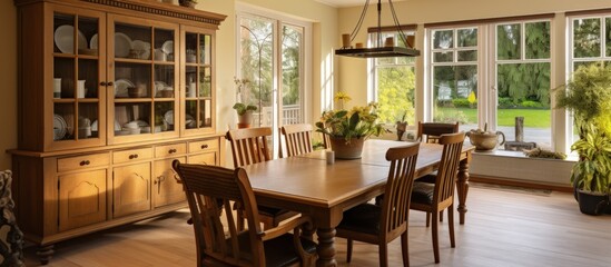 A modern home with a country-style dining area and hutch.