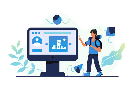 Male tourist checking account on computer, ready to travel aboard. Finding route while traveling. Flat vector illustration in blue colors in cartoon style