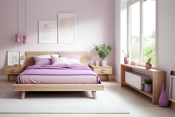 Cozy sustainable bedroom in natural colors with wooden furniture and two poster mockups. Stylish calm purle and pink