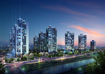 country skyline at night. 3D architectural illustration of a modern apartment complex night view.