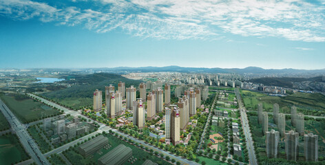Fototapeta na wymiar view of the city. 3d architectural rendering aerial view of a modern apartment district.