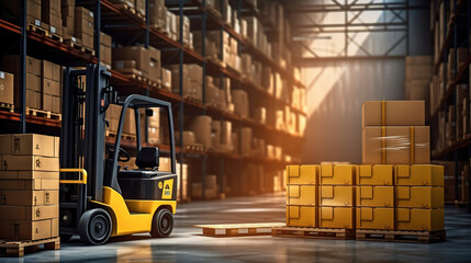 Large modern warehouse with a forklift - obrazy, fototapety, plakaty