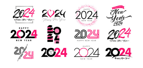 Super set of 2024 Happy New Year, pink color logo text design. New Year holiday number design for banner, greeting card or invitation. Vector illustration