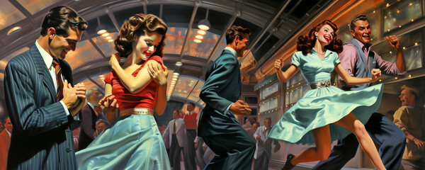 fun party. men and women dance an energetic dance. colorful illustration in fifties style. Generative Ai
