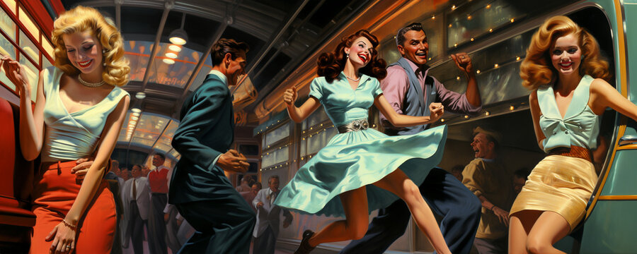 Energetic dancing at a party. vintage illustration in fifties style. Generative Ai