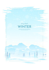 Flat winter landscape. Snow-covered mountain peaks, snowfall in the mountains, blizzard. Winter hiking, extreme tourism. Design of poster, flyer, banner, web background. Vector illustration.