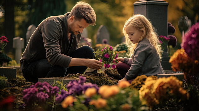 Father and daughter putting flowers in the cemetery