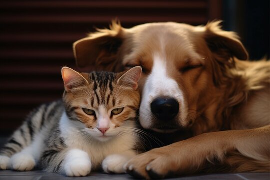 Dog and cat peacefully rest side by side on a cozy bed