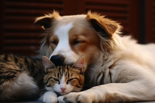 Dog and cat peacefully rest side by side on a cozy bed