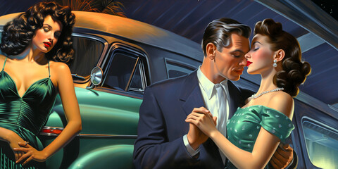 a beautiful woman dances with a man against the background of a car. colorful illustration in fifties style. Generative Ai