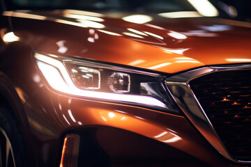 Fototapeta premium Precision Illumination: Close-up View of Twin-Line LED Headlights, Showcasing Automotive Technological Excellence