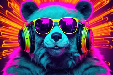 Music dj cute panda with sunglasses and headphones - obrazy, fototapety, plakaty