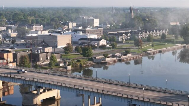 A morning aerial view of the Frank N Andersen Bridge in downtown Saginaw, Michigan.  	