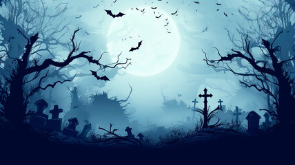 Halloween background - spooky graveyard at full moon.