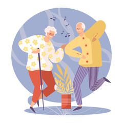 Happy senior woman and man dancing together. Concept of happy retirement. Recreation in restaurant. Active life for seniors. Flat vector illustration in purple colors