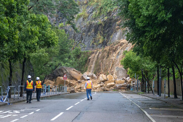 2023 Sept 9,Hong Kong.Landslide scene after heavy rain, with mud blocking the entire road , Yiu Hing Road, Yiu Tung Estate, Shau Kei Wan.