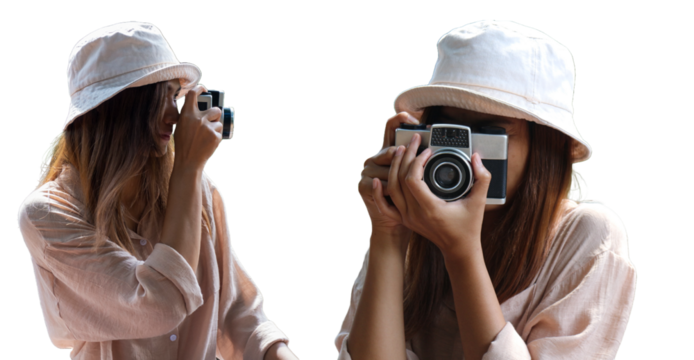 Woman taking photo with film camera, isolated background
